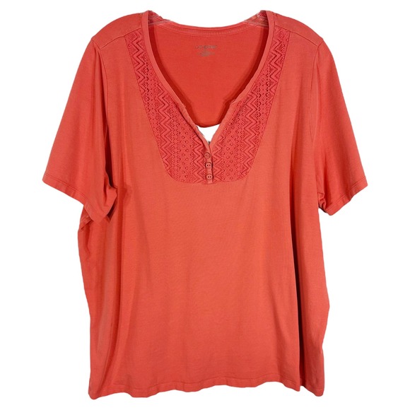 Catherines Plus Size 1X Top Peach Pink Short Sleeve Lace Tee Stretch Womens 1344 - Picture 1 of 8